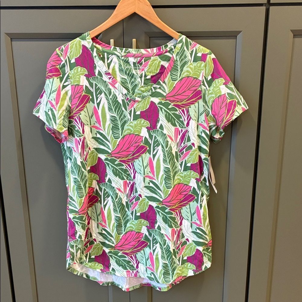 Soft Surroundings Pink and Green Leaf Print Short Sleeve Top